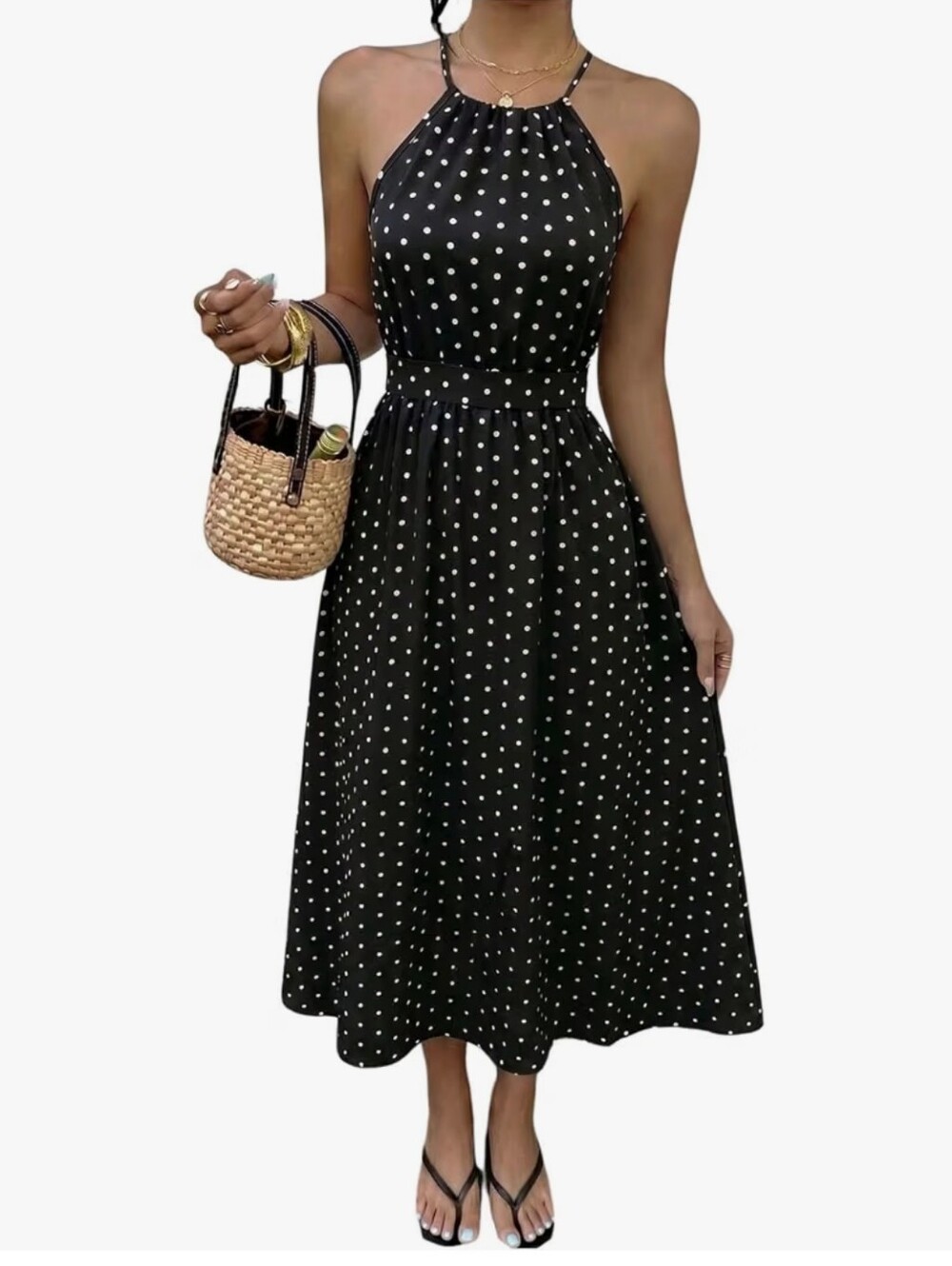 Women's Black Polka Dot Halter Midi Dress